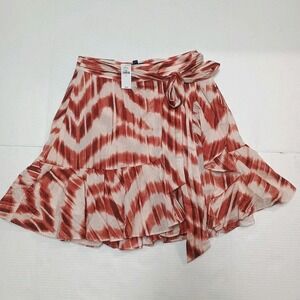 Banana Republic Red Rust Cream Ruffle Tie Belt Mini Faux Wrap Skirt NWT Size Xs